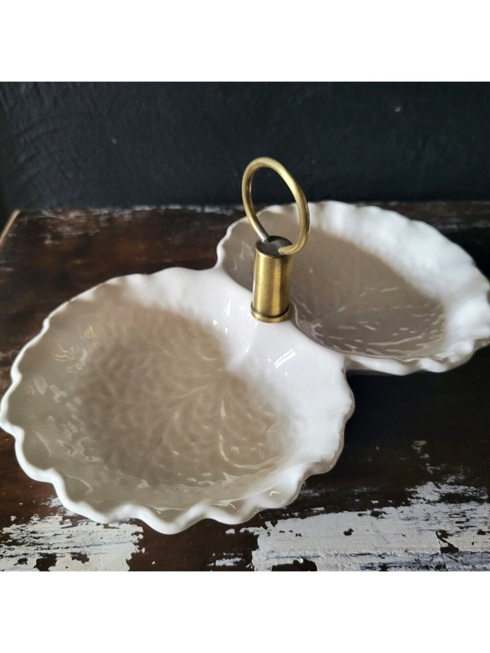 Vintage Stangl Pottery Double Cabbage Leaf Serving Dish Brass Center Handle